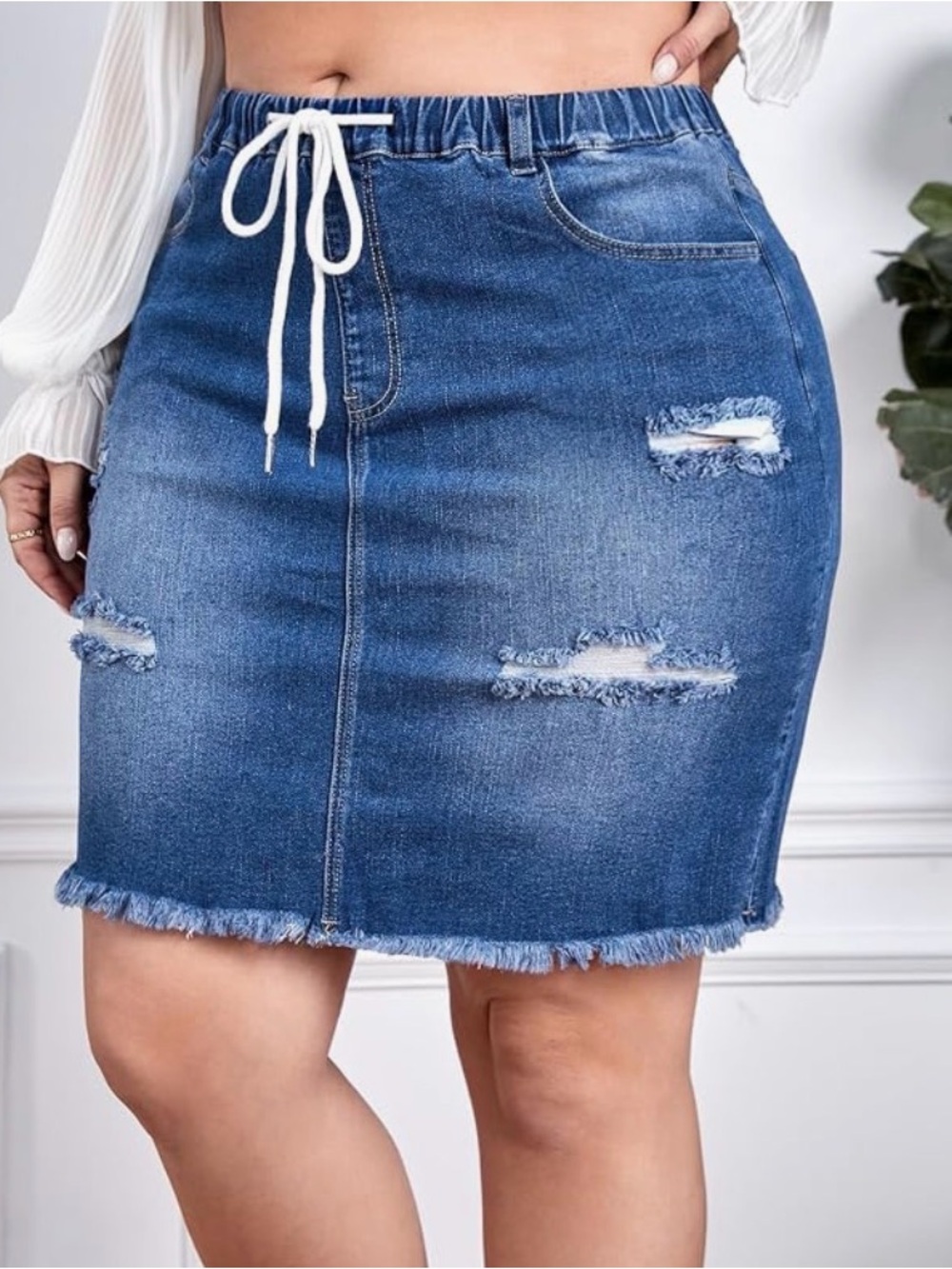 MakeMeChic Denim Skirt 2X Distressed Blue Elastic Drawstring Waist Frayed Hem